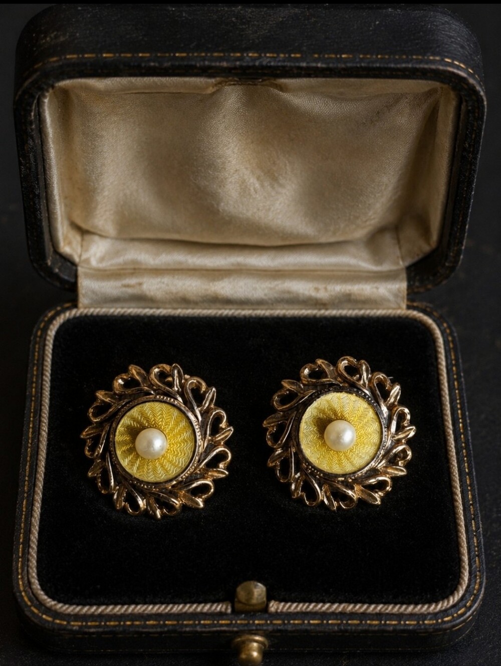CATHE Guilloche Yellow Enamel Faux Pearl Vintage Round Gold Tone Clip Earrings